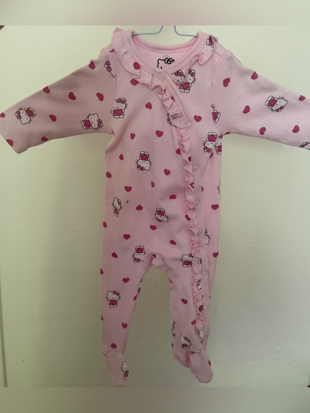Hello Kitty Footed Onesie Pink Heart Snap-Up w/ Ruffled Placket & Headband